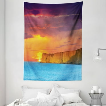 Ocean Tapestry, Dramatic Sea Summer Sunset with Huge Cliff Vibrant Colors Overcast Picture, Wall Hanging for Bedroom Living Room Dorm Decor, 60W X 80L Inches, Yellow Purple Blue, by Ambesonne