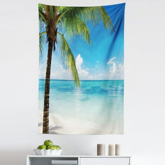 Ocean Tapestry, Exotic Beach Water and Palm Tree by the Shore Clear Sky Landscape Image, Fabric Wall Hanging Decor for Bedroom Living Room Dorm, 5 Sizes, Green Blue White, by Ambesonne