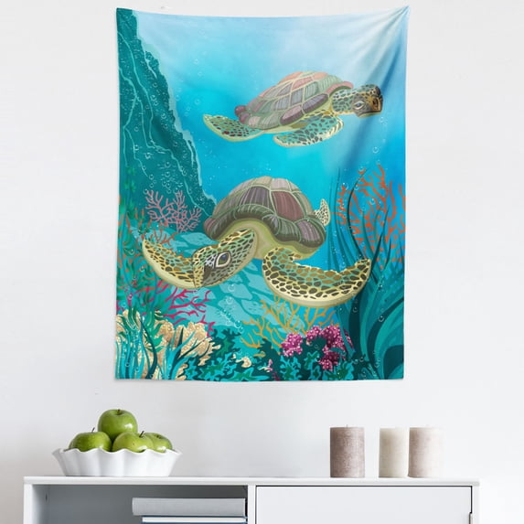 Ocean Tapestry, Illustration of 2 Sea Turtles Swimming Underwater Aquatic Wildlife Colorful, Fabric Wall Hanging Decor for Bedroom Living Room Dorm, 5 Sizes, Multicolor, by Ambesonne