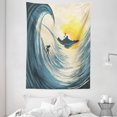 thumbnail image 1 of Ocean Tapestry, Illustration of Cloudy Sky Tropical Island Wave and Surfer At Sunset Seascape, Wall Hanging for Bedroom Living Room Dorm Decor, 60W X 80L Inches, Beige Yellow Navy, by Ambesonne, 1 of 2