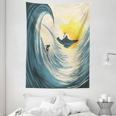 Ocean Tapestry, Illustration of Cloudy Sky Tropical Island Wave and Surfer At Sunset Seascape, Wall Hanging for Bedroom Living Room Dorm Decor, 60W X 80L Inches, Beige Yellow Navy, by Ambesonne