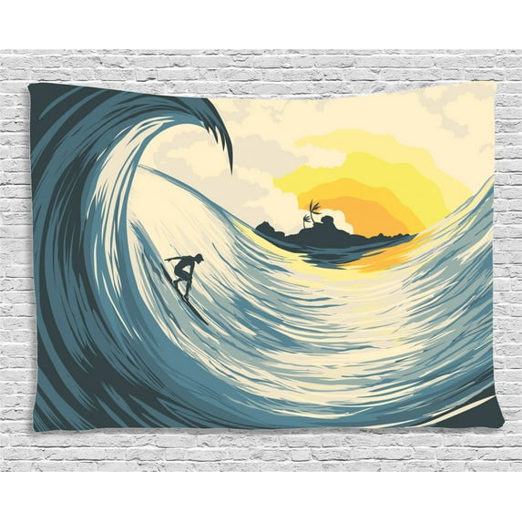 Ocean Tapestry, Illustration of Cloudy Sky Tropical Island Wave and Surfer at Sunset Seascape, Wide Wall Hanging for Bedroom Living Room Dorm, 60" X 40", Beige Yellow Navy, by Ambesonne