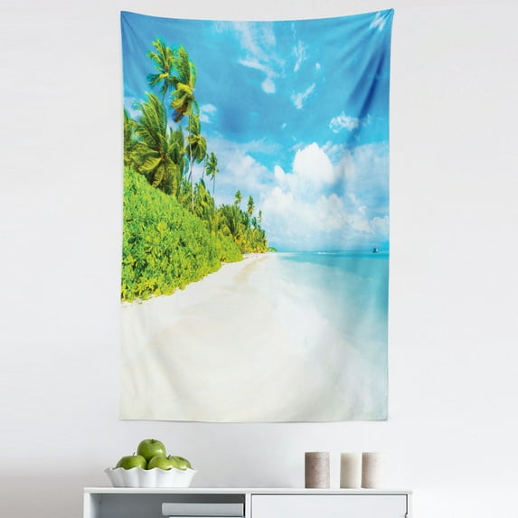 Ocean Tapestry, Image of Tropical Beach Sea Sky Landscape with Coconut Palm Trees Modern Design, Fabric Wall Hanging Decor for Bedroom Living Room Dorm, 5 Sizes, Blue Green Cream, by Ambesonne
