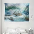 thumbnail image 1 of Ocean Tapestry, Majestic Nautical Sealife and Pirate Boat Ship on a Wavy Deep Sea Art Print, Wall Hanging for Bedroom Living Room Dorm Decor, 80W X 60L Inches, Blue Grey and White, by Ambesonne, 1 of 2