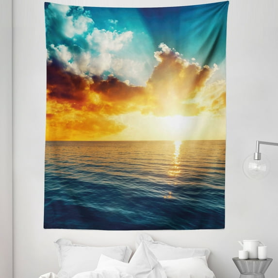 Ocean Tapestry, Majestic Sunset over the Sea Scenic Idyllic Aquatic View Morning Picture, Fabric Wall Hanging Decor for Bedroom Living Room Dorm, 5 Sizes, Turquoise Orange Blue, by Ambesonne