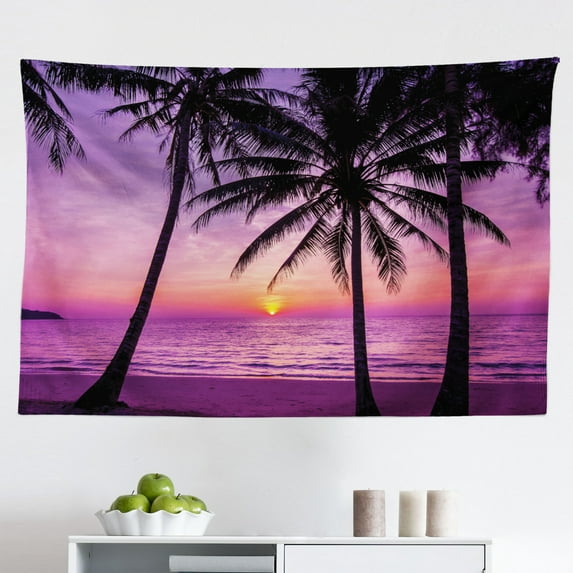Ocean Tapestry, Palm Trees Silhouette at Sunset Dreamy Dusk Warm Exotic Twilight Scenery Image, Fabric Wall Hanging Decor for Bedroom Living Room Dorm, 2 Sizes, Purple Black, by Ambesonne