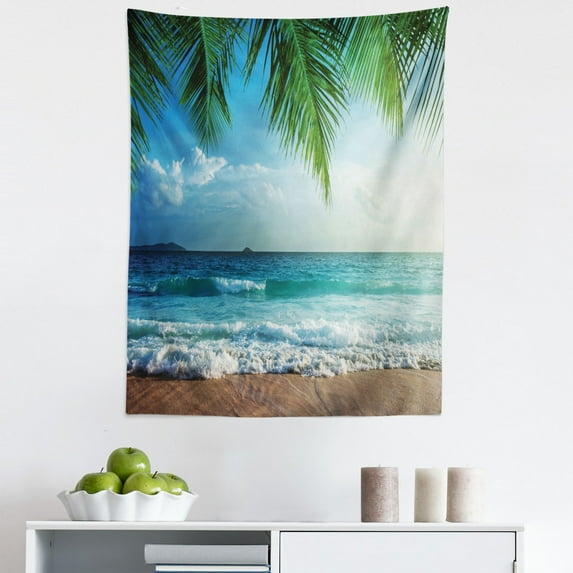 Ocean Tapestry, Palms Tropical Island Beach Maldives Photography Home Postcard Traveler Explorer, Fabric Wall Hanging Decor for Bedroom Living Room Dorm, 5 Sizes, Green and Blue, by Ambesonne