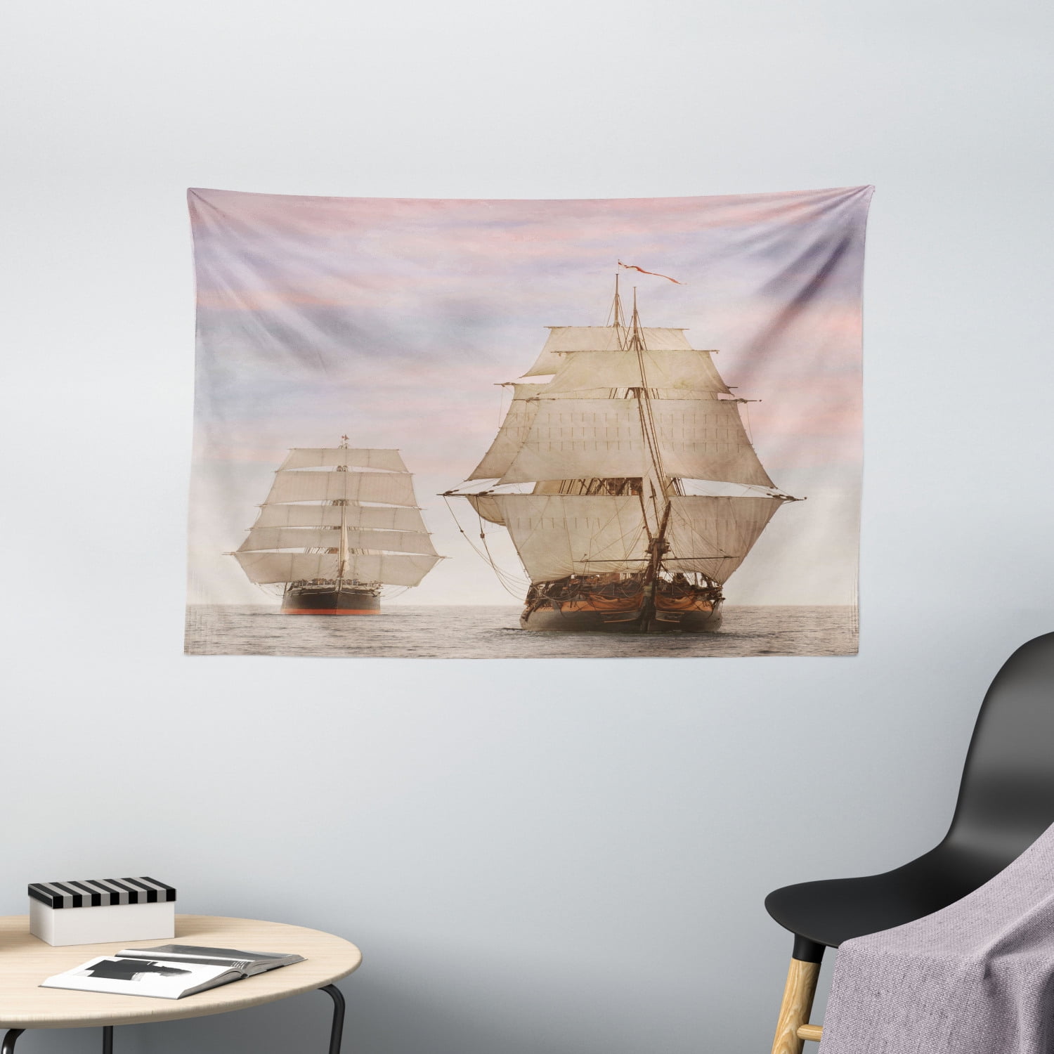 Ocean Tapestry, Sailboat Gaff Top Sail Tall Wooden Sailing Ships Waves Art Print Photo, Wall Hanging for Bedroom Living Room Dorm Decor, 60W X 40L Inches, Cream and Blue Grey , by Ambesonne