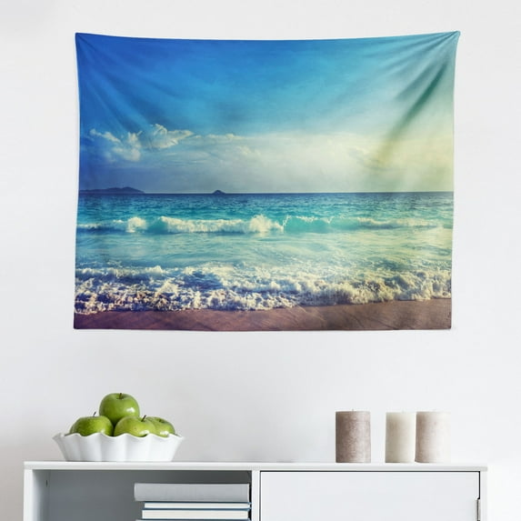 Ocean Tapestry, Still Calm Sea at The Beach with Aquatic Landscape Sun Peace Relax Nature Image, Fabric Wall Hanging Decor for Bedroom Living Room Dorm, 2 Sizes, Cream Turquoise, by Ambesonne