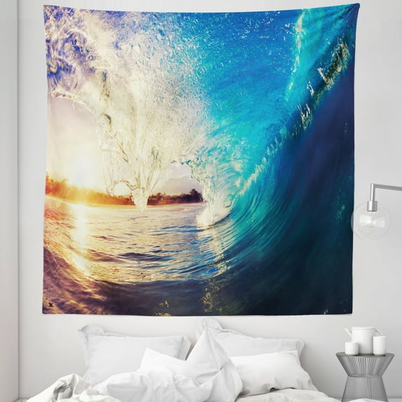 Ocean Tapestry, Sunrise on Waves Surfer Perspective Surreal Coastal Sports Lifestyle Scene, Fabric Wall Hanging Decor for Bedroom Living Room Dorm, 5 Sizes, Pale Mauve and Blue, by Ambesonne