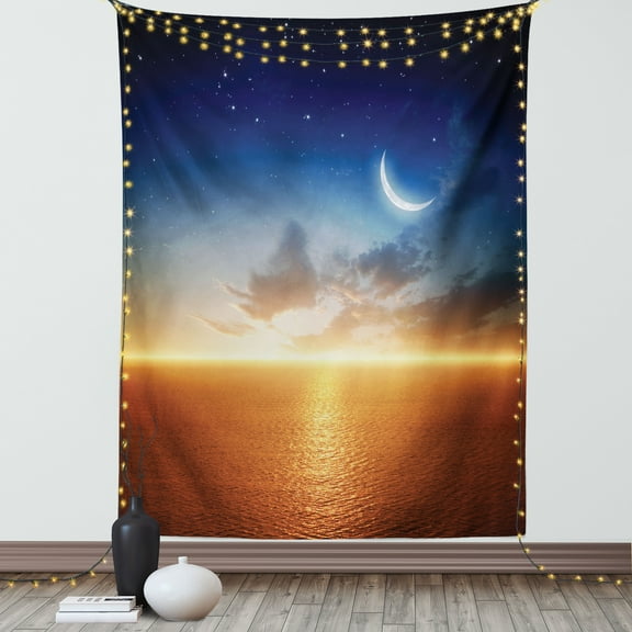 Ocean Tapestry, Sunset Sky with Moon and Stars Horizon Scenery Fantasy View Artwork Print, Wall Hanging for Bedroom Living Room Dorm Decor, 60W X 80L Inches, Navy Yellow Orange, by Ambesonne