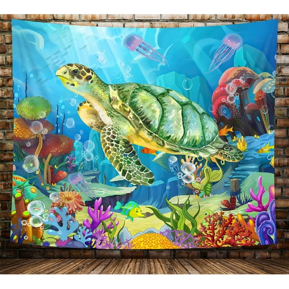 Ocean Tapestry, Tropical Fish Turtle Sea Ocean Coastal Sea Turtle Tapestry Wall Hanging for Bedroom, Coastal Nautical Summer Coral Blue Green Tapestries Poster Blanket College Dorm Decor, 60X40in