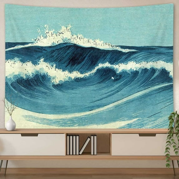 Ocean Tapestry Wall Hanging Blue Watercolor Ocean Waves Wall Art Tapestries, Japanese Anime Sea Wave Wall Decor Blue Indian Tapestry for Bedroom Aesthetic Home Dorm, Wall Blacket