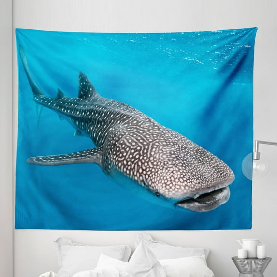 Ocean Tapestry, Whale Shark Swimming Predators Hunter Clear Water Under the Sea Picture Print, Fabric Wall Hanging Decor for Bedroom Living Room Dorm, 5 Sizes, Dimgray Blue, by Ambesonne