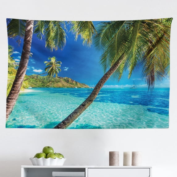 Ocean Tapestry, Wooden Boardwalkt The Beach Palm Trees in Dark Sky Hawaiian Paradise Scene, Fabric Wall Hanging Decor for Bedroom Living Room Dorm, 2 Sizes, Turquoise Green, by Ambesonne