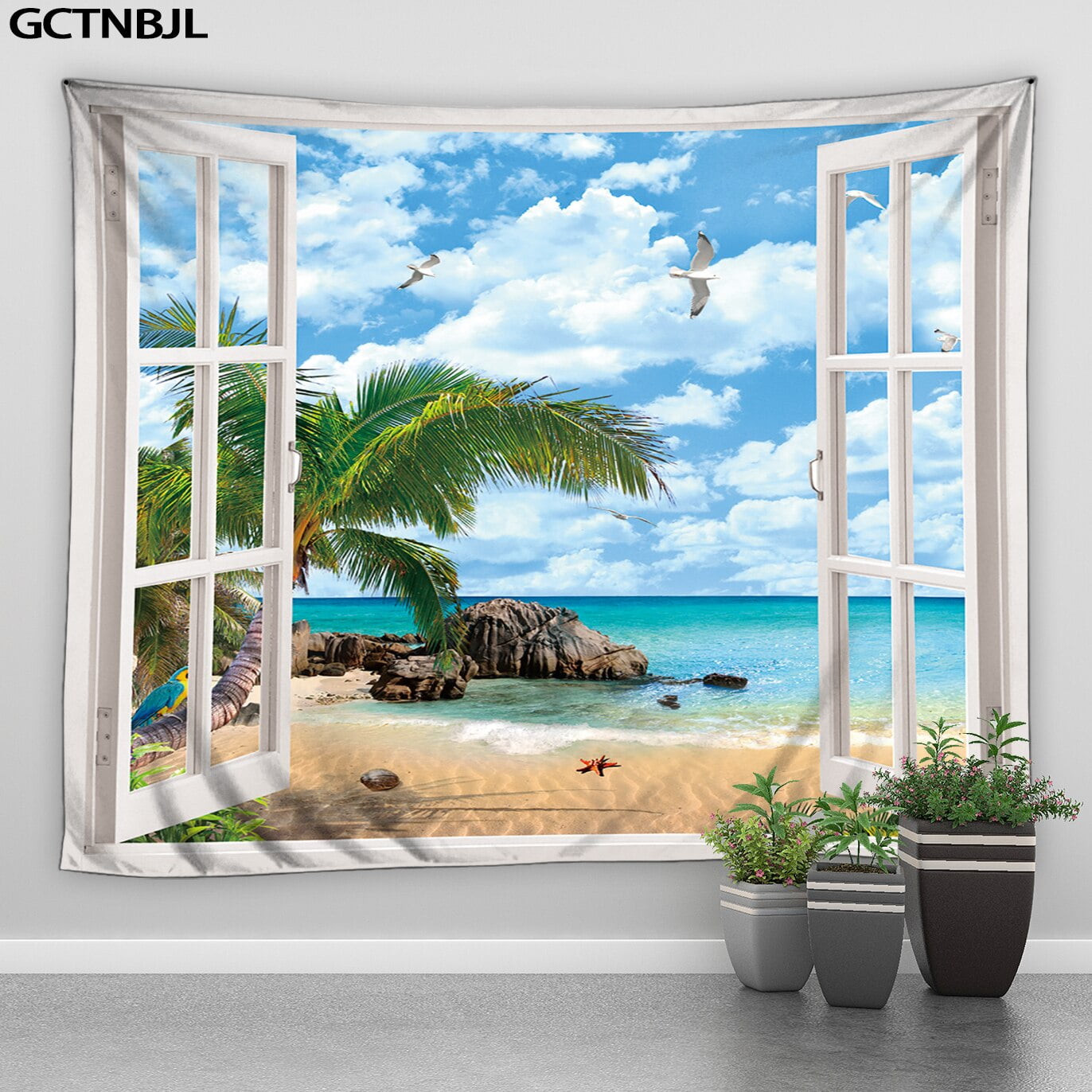 Ocean Tapestry wall hanging Sea Scene Palm Leaf Tapestry Beach Hawaii