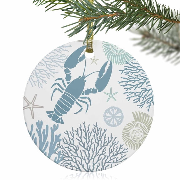 Ocean Teal Blue Lobster Coral Starfish Christmas Ceramic Ornament 2025,3" Round Xmas Tree Hanging Accessories with Gold Ribbon