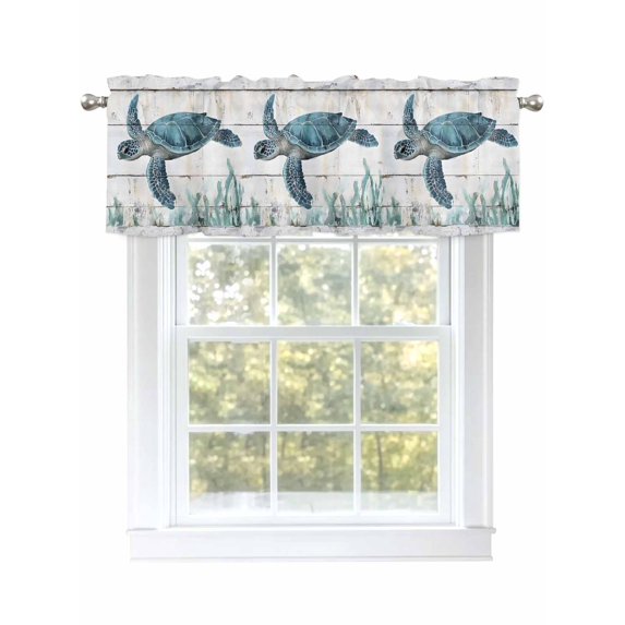 Ocean Teal Green Turtle Curtain Valances for Windows, Summer Seaweed Wood Grain Kitchen Valance Window Treatment, Light Filtering Block Curtains for Bathroom/Bedroom/Living Room 42'' x 12''