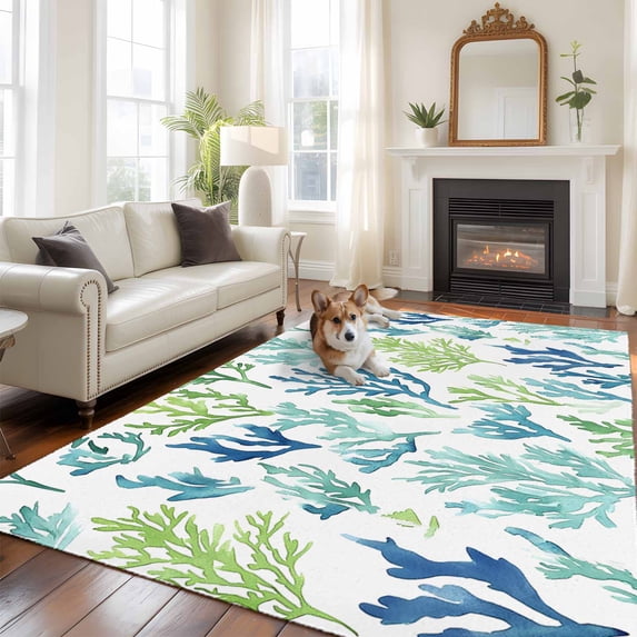 Ocean Teal Large Area Rugs 6x9 ft Blue Green Coral Underwater Garden Coastal Washable Rug Non Slip Indoor Carpet Absorbent Floor Mat for Living Room Bedroom Dining Room