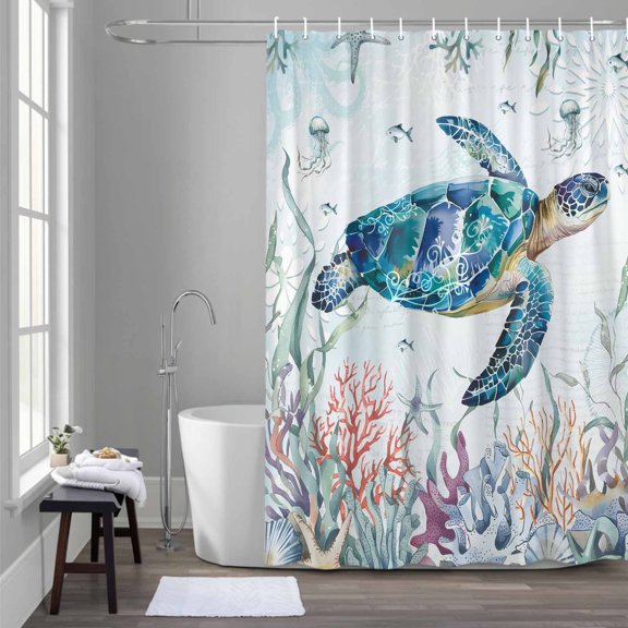 Ocean Teal Shower Curtain for Bathroom Decor, Sea Turtle Coral Seagrass Marine Life Coastal Waterproof Fabric Shower Curtain, 36"x72" Set with 12 Hooks