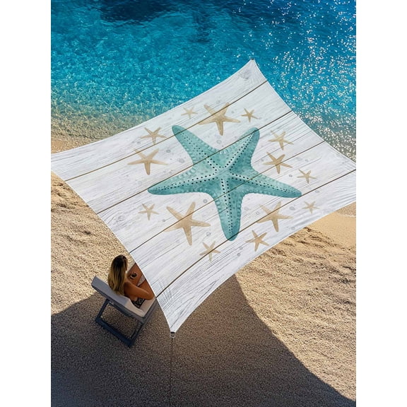 Ocean Teal Starfish Sun Shade Sail 6.5' x 10', Vintage Nautical Yellow Starfish Wood Grain Rectangle Outdoor Sunshade Canopy, Waterproof UV Block Patio Covers for Garden Yard Beach