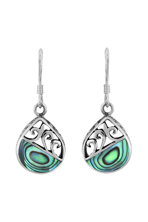 Ocean Teardrop Filigree Waves Abalone Shell on Sterling Silver Dangle Earrings