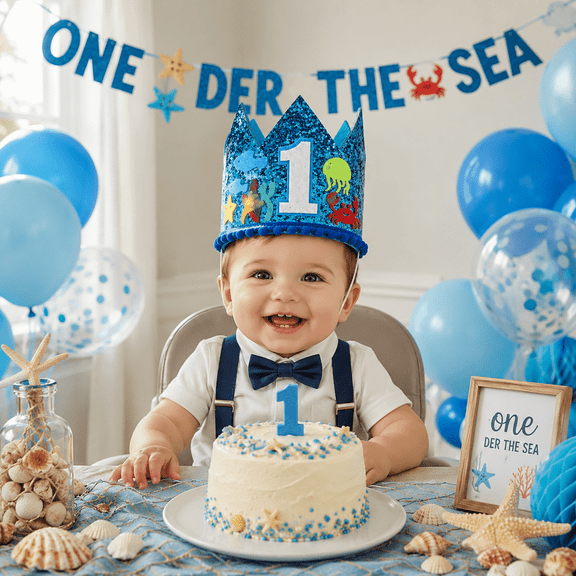Ocean Theme 1st Birthday Hat - Oneder The Sea First Birthday Glitter Crown Blue, Jellyfish One Year Old Happy Birthday Party Decorations Supplies Favors Photo Booth Props
