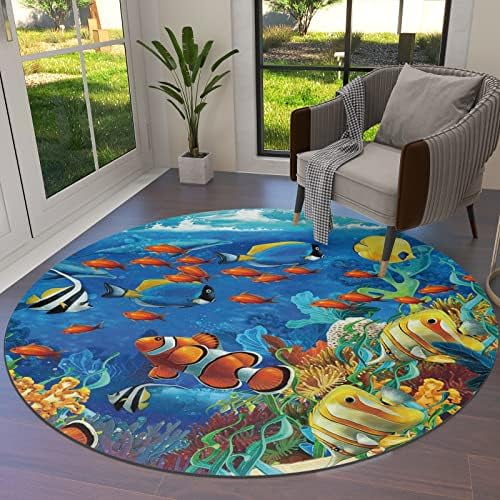 Ocean Theme Area Rug Round Rugs 3ft Underwater World Fish Sea
