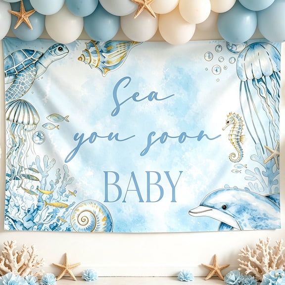 Ocean Theme Baby Shower Backdrop - Dreamy Seafoam Blue Marine Life Decor for Party Background & Wall Hanging