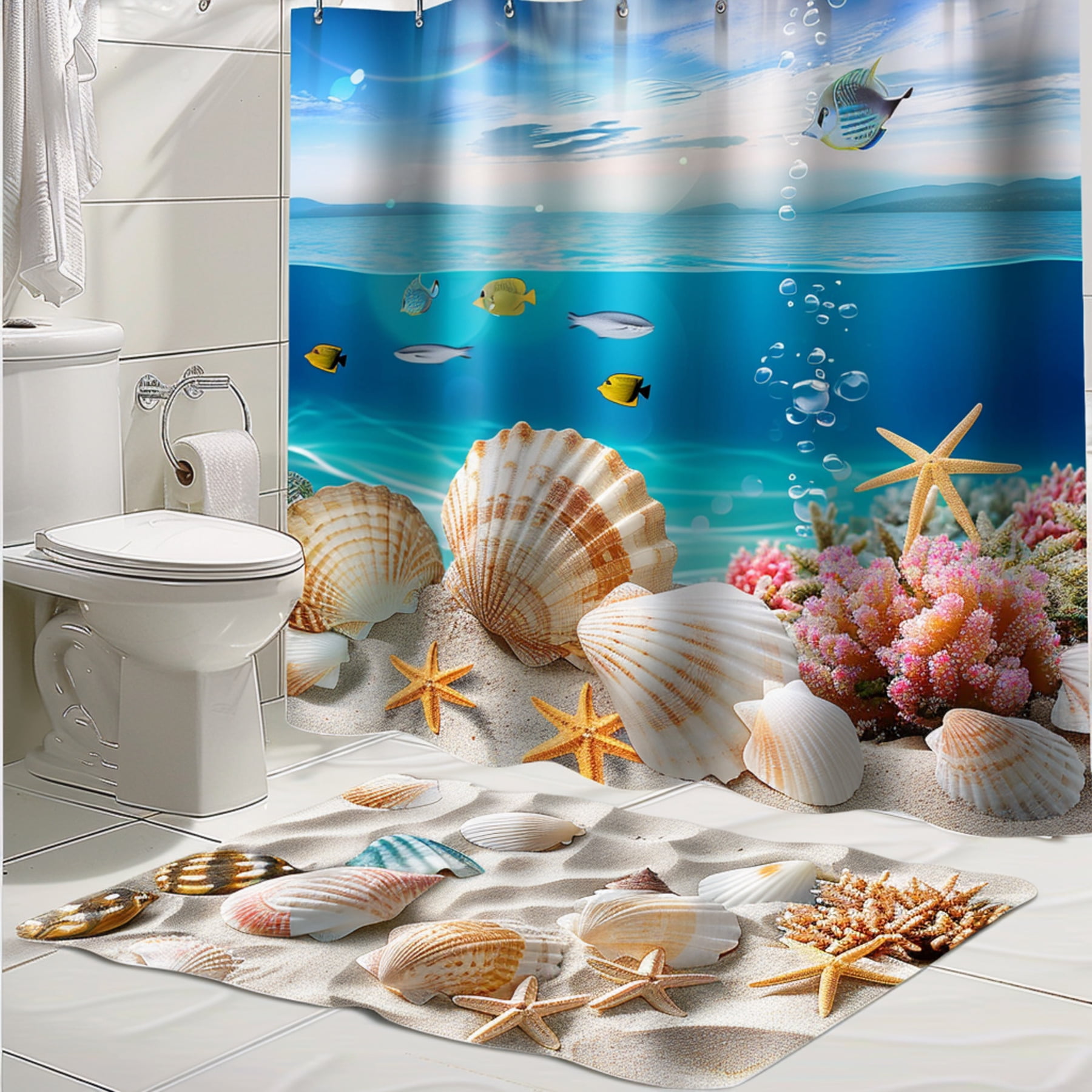 Ocean Theme Bathroom Decor Shower Curtain with Seashells Starfish ...