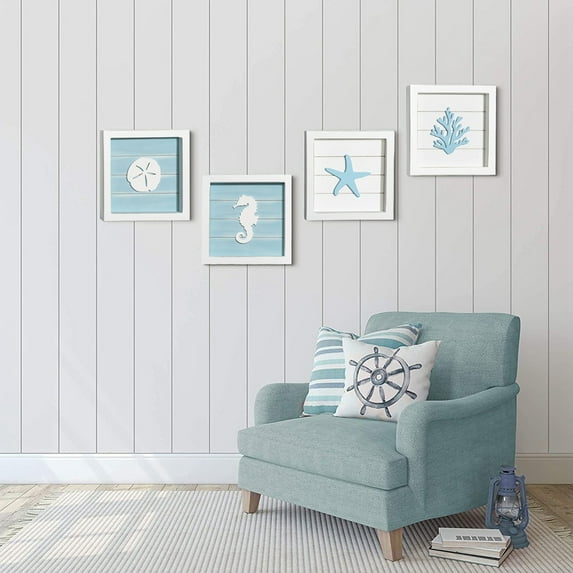 Ocean Theme Beach Wall Decor (Framed Set of 4) Coastal 3D Wall Art with Starfish, Seahorse, Sand Dollar and Coral - Turquoise Beach Bathroom Decor - Seashell Beach Decorations for Home