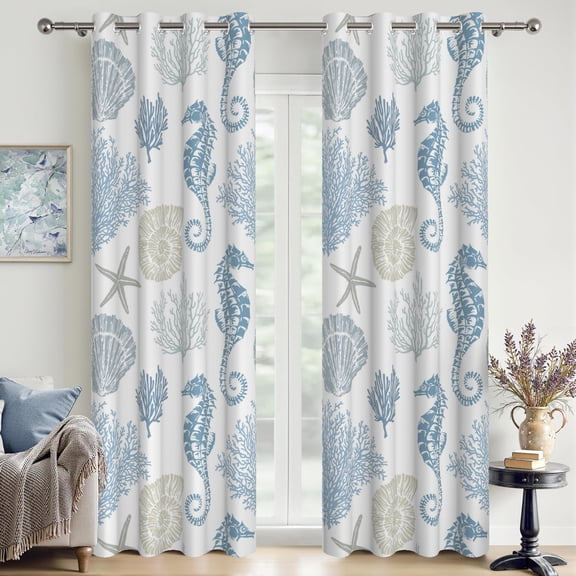 Ocean Theme Blackout Curtain Set of 2 Panels,Nautical Coastal Thermal Insulated Window Curtains Drapes for Living Room,52x84 inch