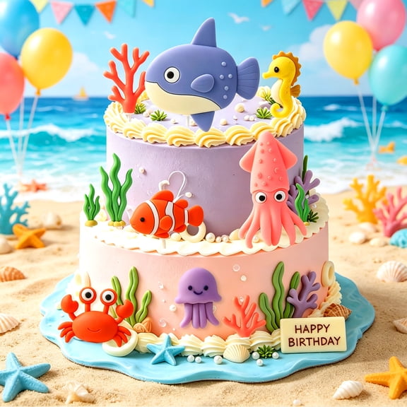 Ocean Theme Cake Toppers Set - Cute Marine Creature Decorations for Themed Parties