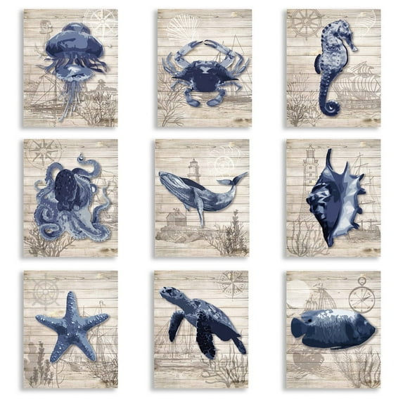 Ocean Theme Canvas Wall Art Unframed Prints Art 9 Styles Sea Animal Decorative Painting Octopus Pictures Crab Seaturtle Seahorse Decor for Bathroom Artwork Living Room Home Decorations