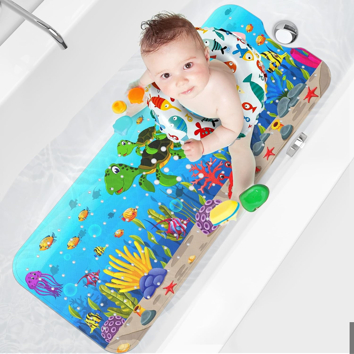 Ocean Theme Cartoon Baby Bath Mat for Tub - Extra Long Non Slip Kids ...