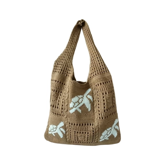 Ocean Theme Crochet Tote Bag for Women, Large Mesh Shoulder Bag with Turtle Design, Breathable Beach Shopping Purse, Casual Underarm Handbag, Brown Polyester