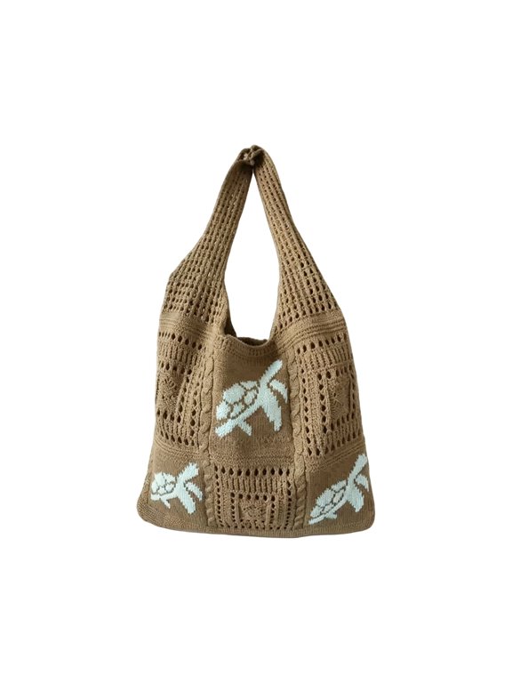 Ocean Theme Crochet Tote Bag for Women, Large Mesh Shoulder Bag with Turtle Design, Breathable Beach Shopping Purse, Casual Underarm Handbag, Brown Polyester