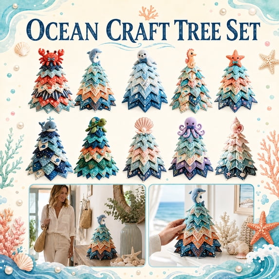 Ocean Theme DIY Patchwork Christmas Tree Kit, Seal Quilted Fabric Christmas Tree Craft Set, Christmas Tabletop Decorations for Shelf and Mantel Decor