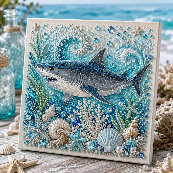 Ocean Theme DIY Pearl Art Kit Blue Shark Wave 3D Sparkling Coastal Mosaic Diamond Painting with Pearls Rhinestones Coastal Home Wall Decor Handmade Gift for Adults Teens Beach Lovers