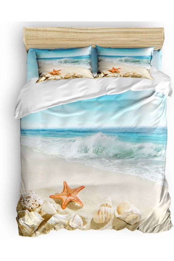 Ocean Theme Duvet Cover Queen Size - 3 Piece Coastal Bedding Set for Boys & Girls, Soft Microfiber Starfish & Conch Print, Breathable Summer Beach Decor, Easy Care