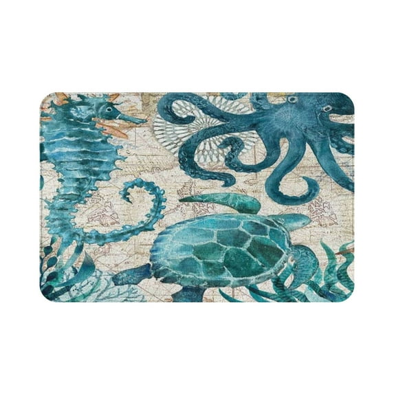 Ocean Theme Foam Bath Mat Blue Turtle Octopus Seahorse Rubber Non Slip Bathroom Rugs 16"x24"