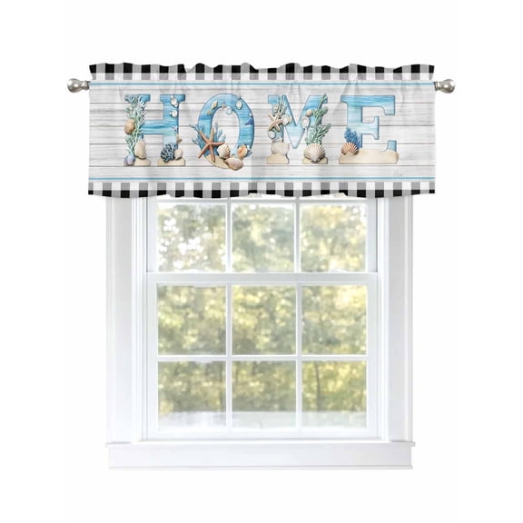 Ocean Theme HOME Curtain Valances for Windows, Beach Starfish Shell Checked Window Valances, Window Treatment Rod Pocket Valance Curtains for Living Room/Kitchen/Bedroom/Bathroom, 54x18inch