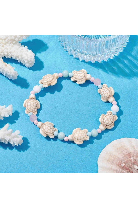 Ocean Theme Kids Bracelet Natural Malaysia Jade Turquoise Turtle Beaded Stretch Bracelet Inner Diameter: 2-1/8 inch(5.5cm)