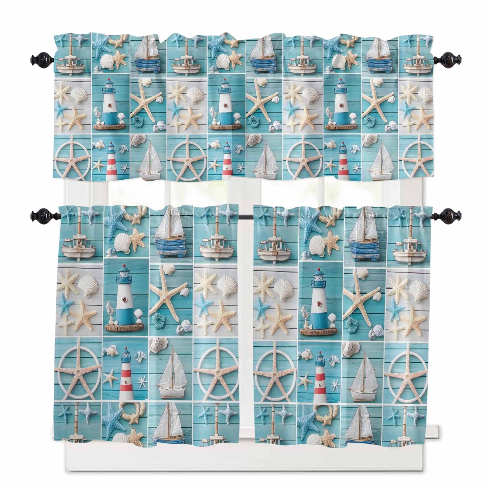 Ocean Theme Kitchen Curtains and Valances Set, Beach Anchor Lighthouse