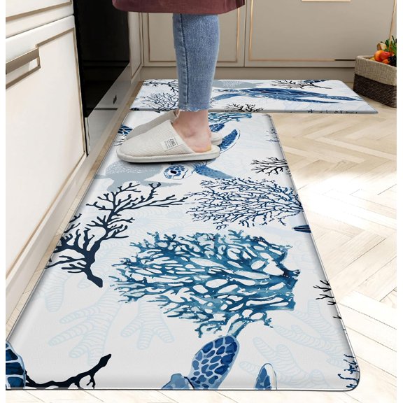 Ocean Theme Kitchen Mat Set Anti Fatigue Non Slip Comfort Standing Cushioned 17.3 x 28 Inch and 17.3 x 47 Inch Navy Blue
