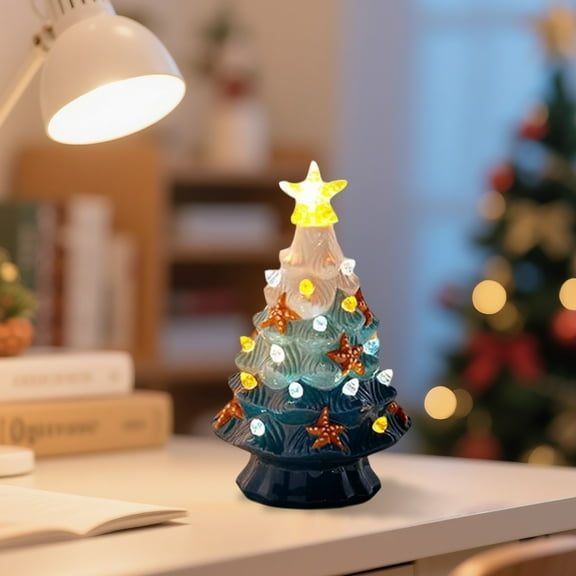 Ocean Theme LED Tabletop Tree Night Light Resin Battery Bedside Lamp Mini Coral Nightlight for Living Room Shelf Bathroom Boys and Boy Girlss Room Home Décor Gift