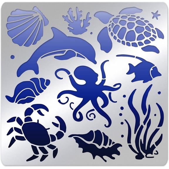 Ocean Theme Matte Metal Stencils Dolphins Turtles Crabs Shells Stencil Template for Painting Wood Burning Leather Burning Engraving Scrapbooking6.14x6.14 inch Silver