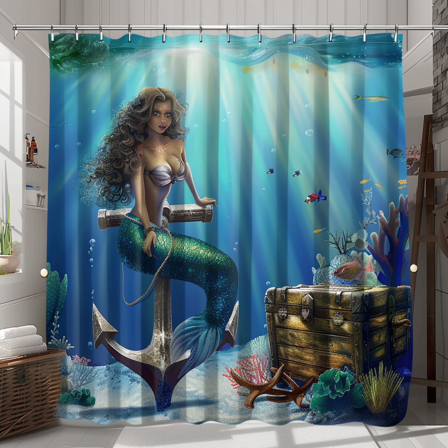 Ocean Theme Mermaid and Anchor Shower Curtain with Treasure Chest