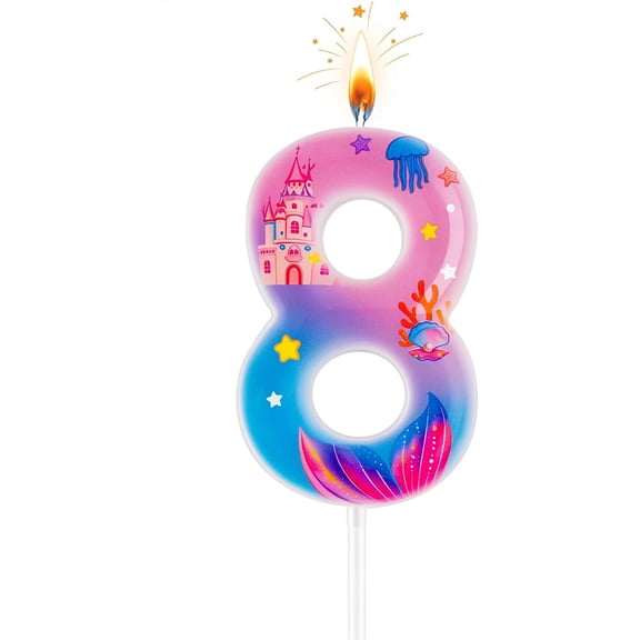 Ocean Theme Number Birthday Candle, Underwater Sea Cake Topper with Shell Coral Jellyfish Starfish Design for Celebration Cakes, Dessert Displays and Events, Number 8
