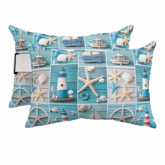 Ocean Theme Outdoor Chaise Lounge Pillows Beach Anchor Lighthouse Starfish Blue Wood Lumbar Pillows with Insert Adjustable Elastic Strap Headrest Pillow for Recliner Patio Chair 2 Pack 12x20 Inch